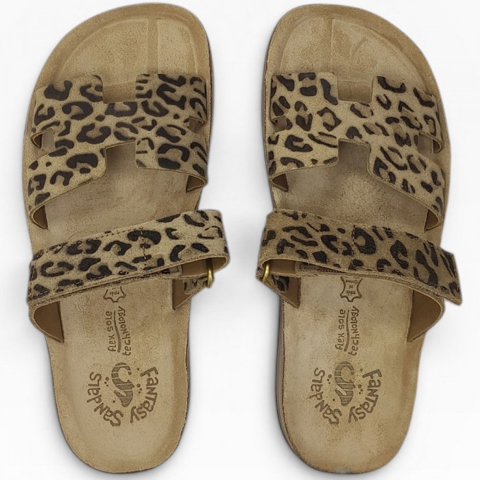 Δερμάτινα Ανατομικά Σανδάλια Fantasy Santals - Bianca S347 Moka Leopardo